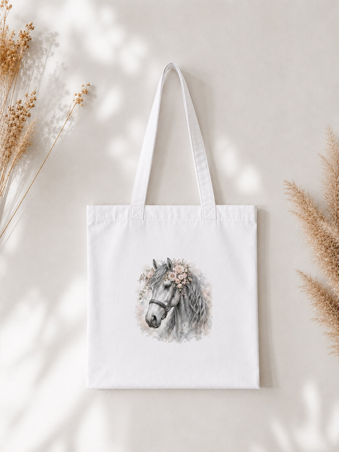 Cotton Tote Bag with Grey Horse Print – 38 × 42 cm
