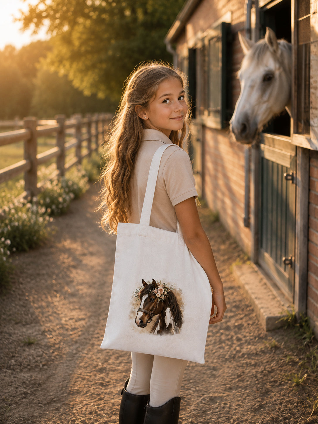 Cotton Tote Bag with Western Horse Print – 38 × 42 cm