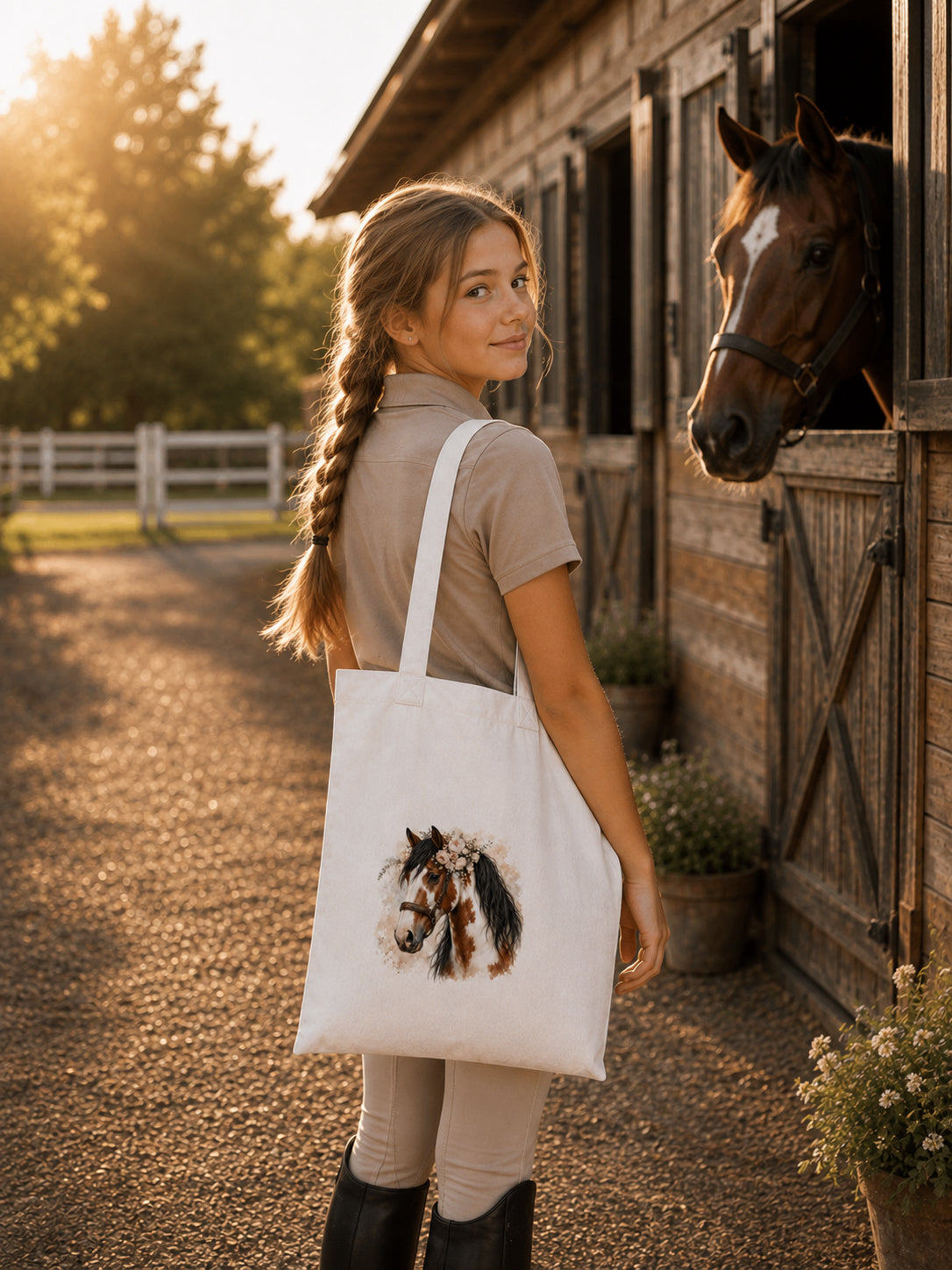 Cotton Tote Bag with Tobiano Horse Print – Black Mane – 38 × 42 cm