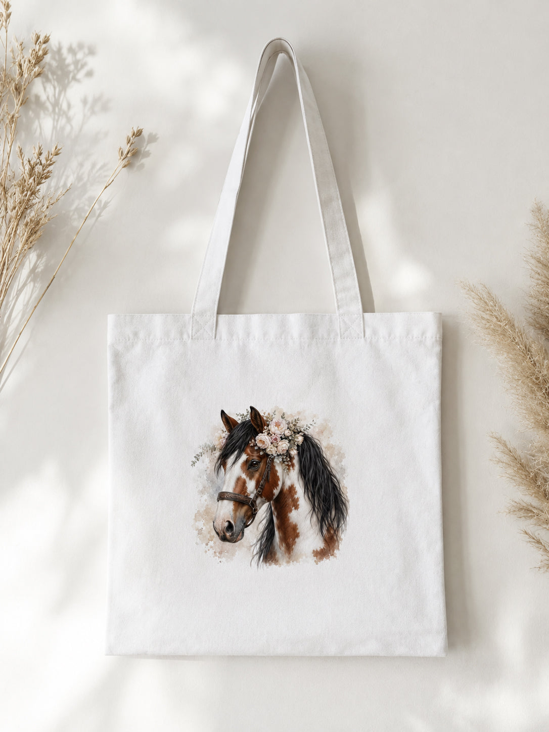 Cotton Tote Bag with Tobiano Horse Print – Black Mane – 38 × 42 cm