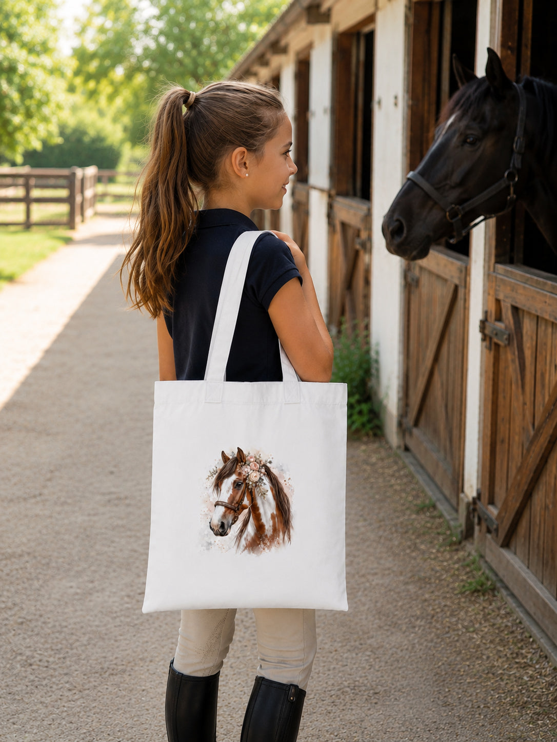 Cotton Tote Bag with Tobiano Horse Print – Brown Mane – 38 × 42 cm
