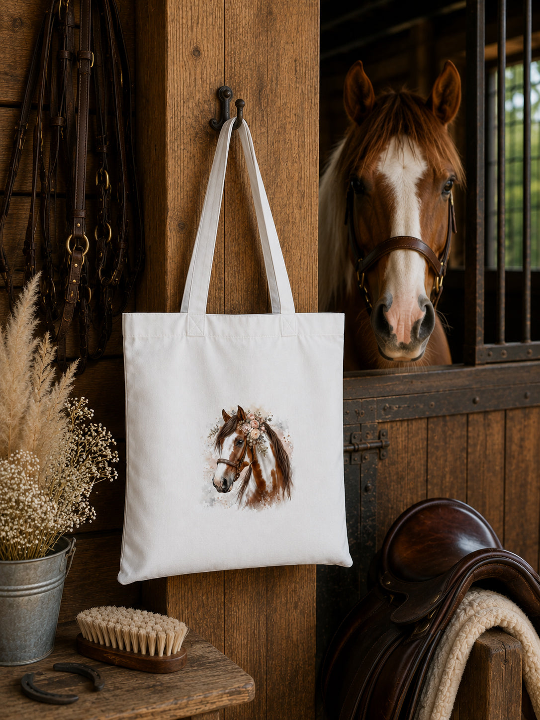 Cotton Tote Bag with Tobiano Horse Print – Brown Mane – 38 × 42 cm