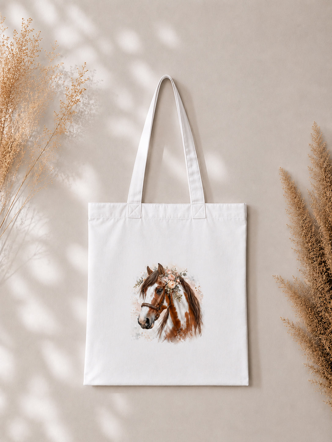 Cotton Tote Bag with Tobiano Horse Print – Brown Mane – 38 × 42 cm