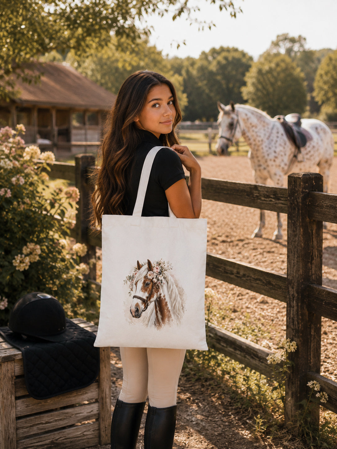 Cotton Tote Bag with Tobiano Horse Print – White Mane – 38 × 42 cm