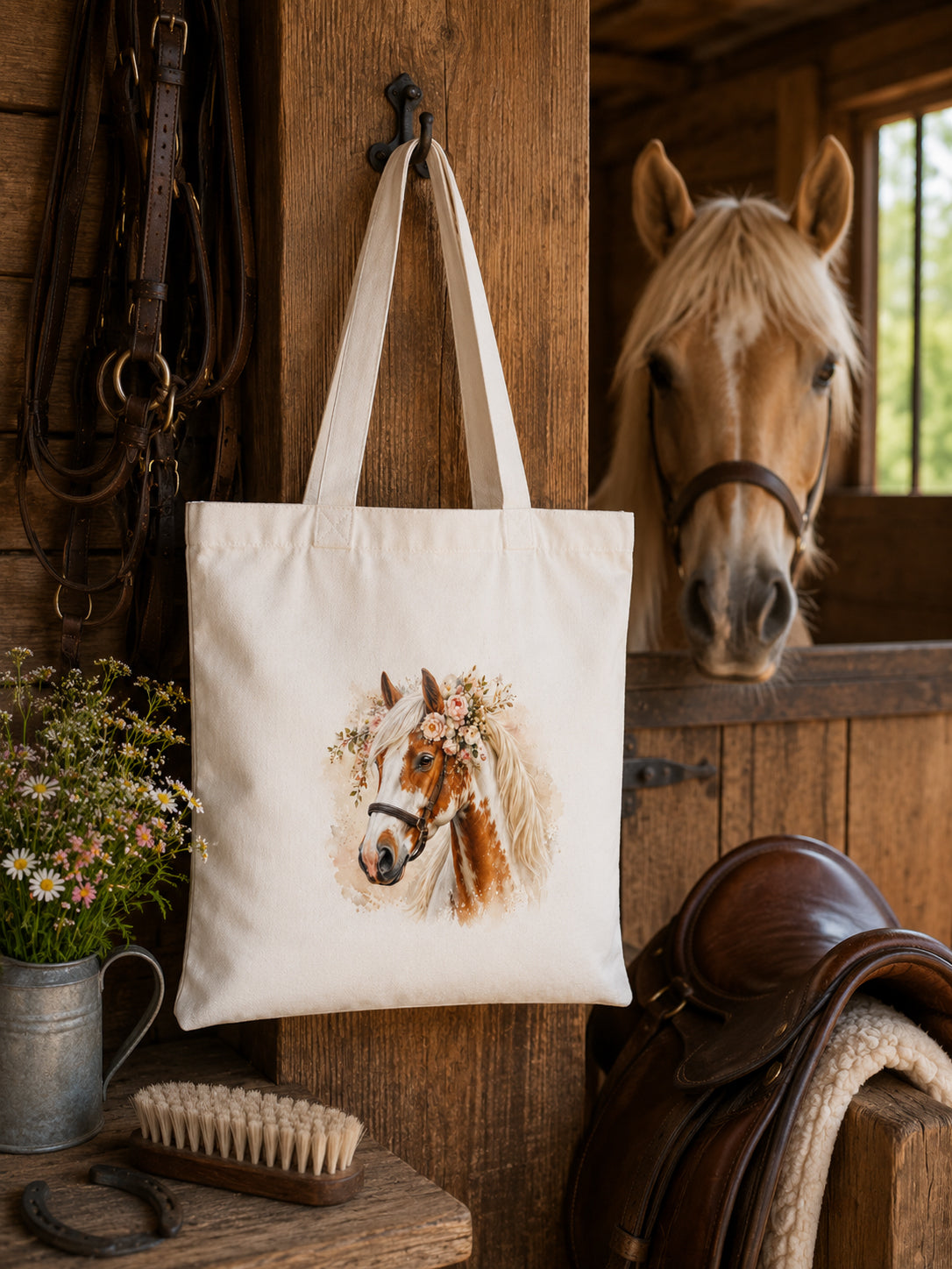 Cotton Tote Bag with Tobiano Horse Print – White Mane – 38 × 42 cm