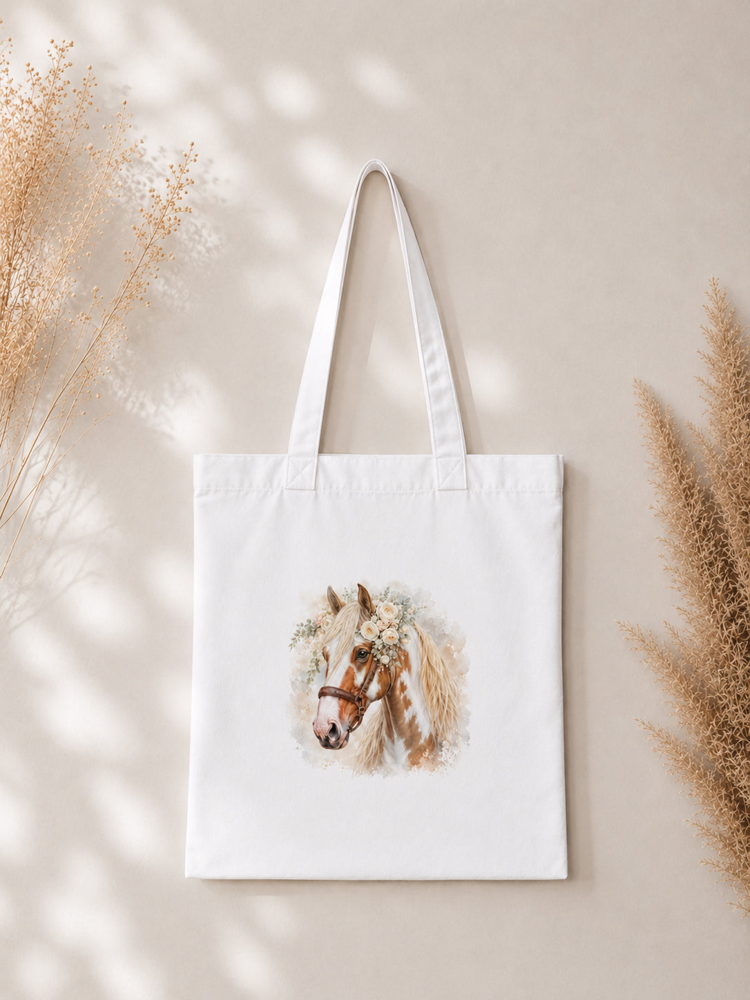 Cotton Tote Bag with Tobiano Horse Print – White Mane – 38 × 42 cm
