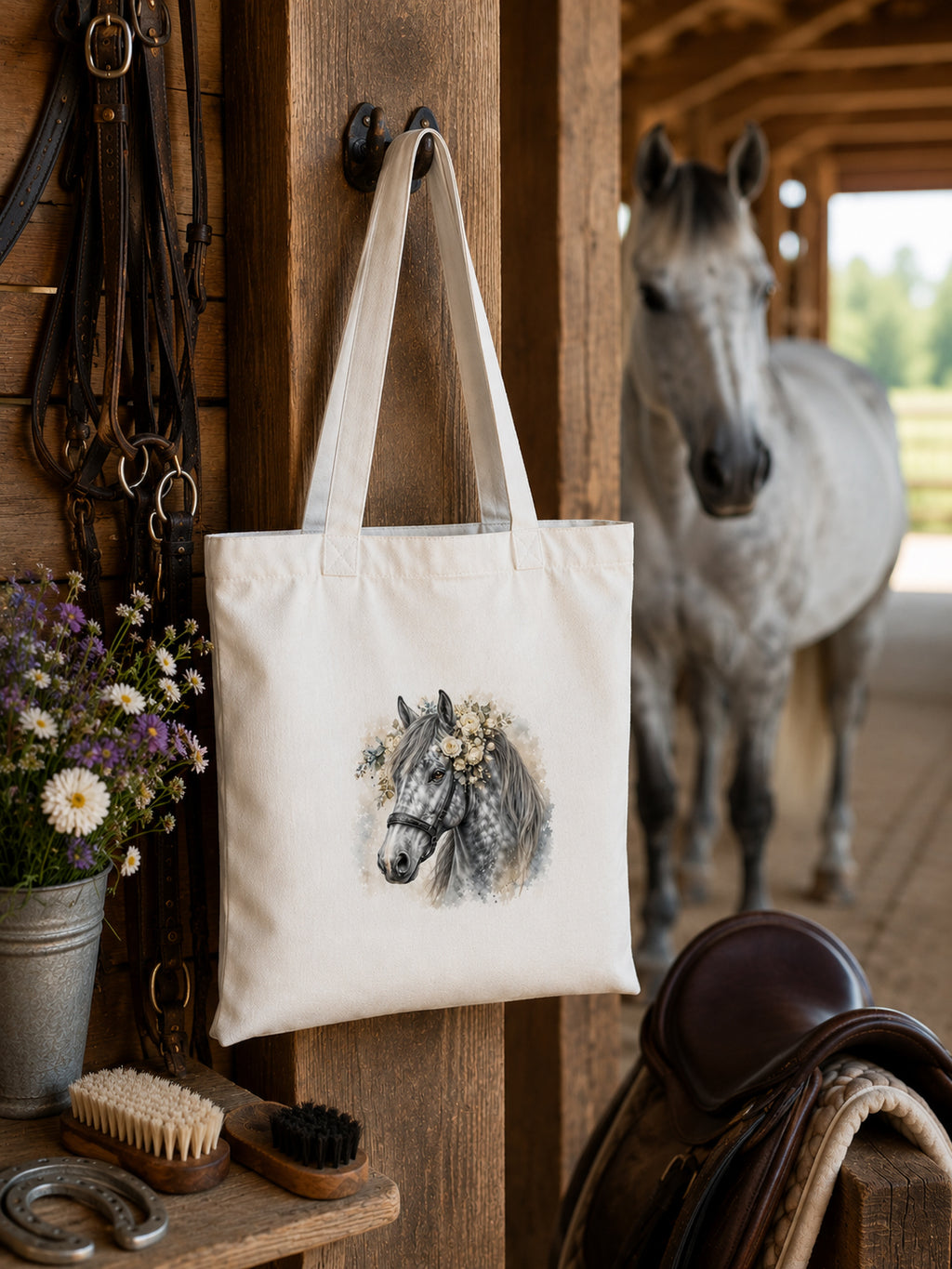 Cotton Tote Bag with Dapple Grey Horse Print – Grey Mane – 38 × 42 cm