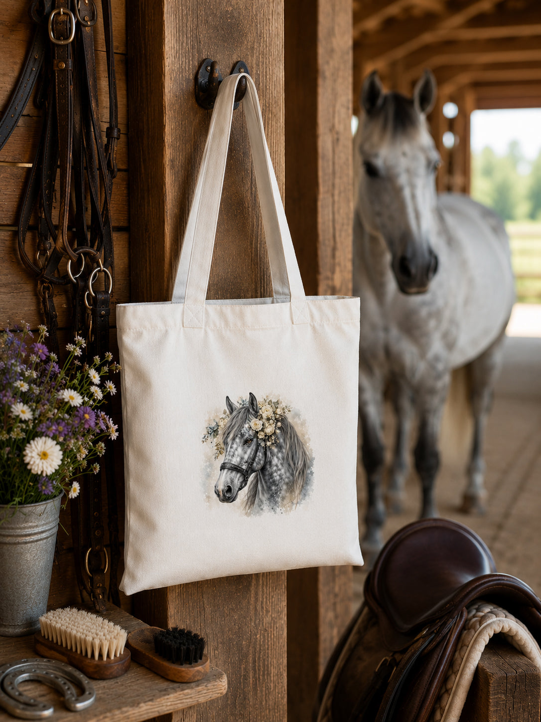 Cotton Tote Bag with Dapple Grey Horse Print – Grey Mane – 38 × 42 cm