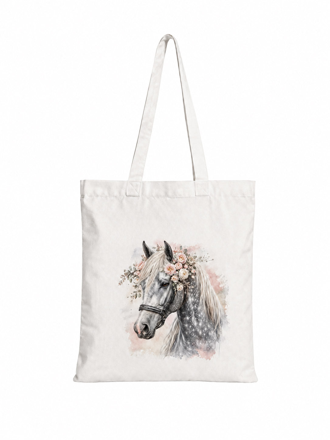 Cotton Tote Bag with Dapple Grey Horse Print – White Mane – 38 × 42 cm