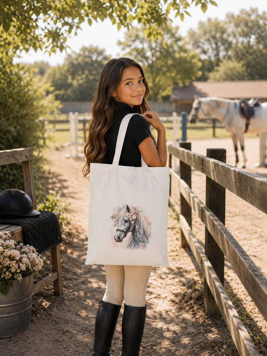 Cotton Tote Bag with Dapple Grey Horse Print – White Mane – 38 × 42 cm