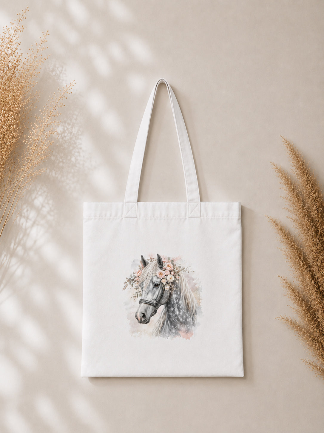 Cotton Tote Bag with Dapple Grey Horse Print – White Mane – 38 × 42 cm