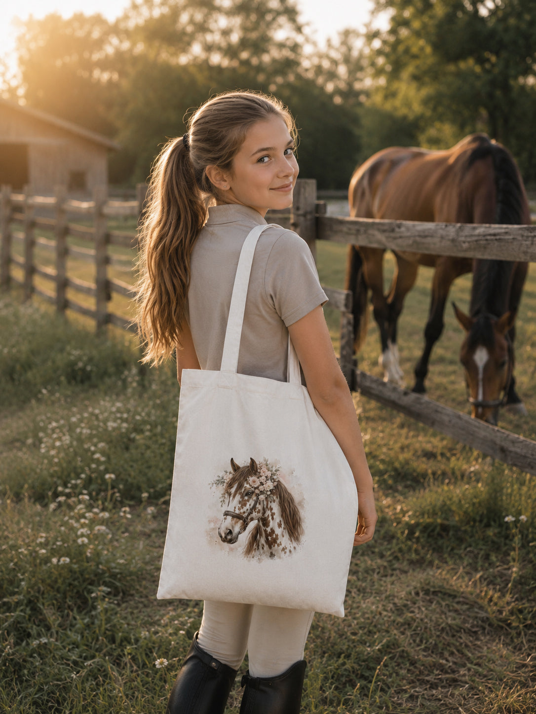 Cotton Tote Bag with White and Brown Leopard-Spotted Horse Print – Brown Mane – 38 × 42 cm