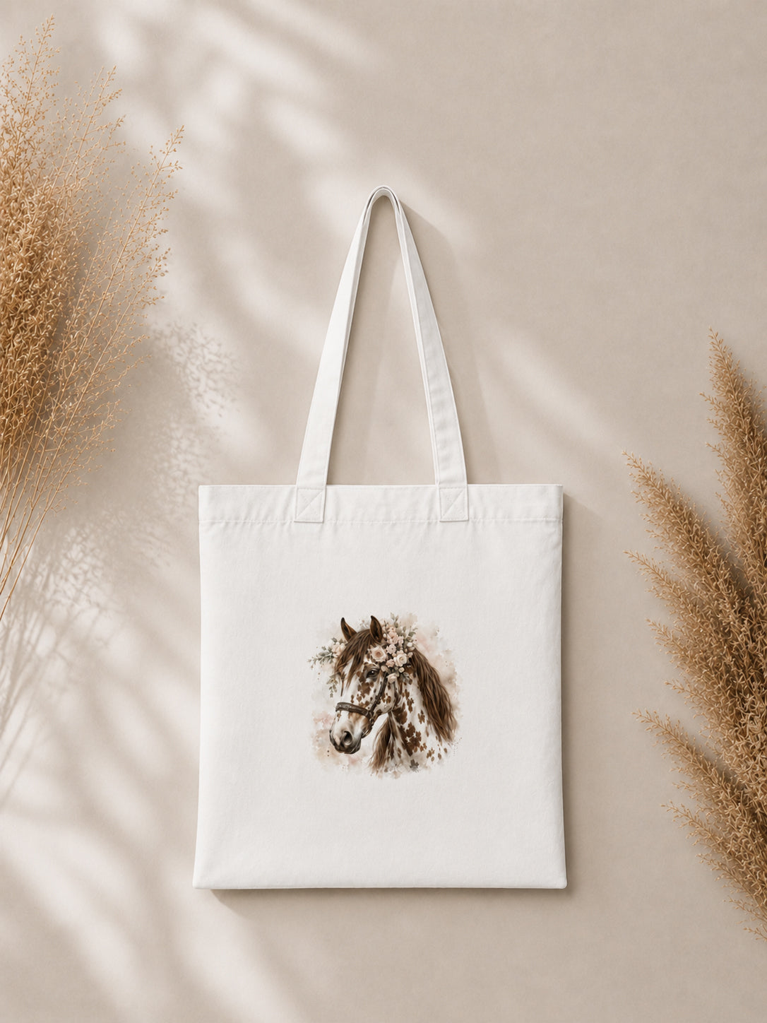 Cotton Tote Bag with White and Brown Leopard-Spotted Horse Print – Brown Mane – 38 × 42 cm