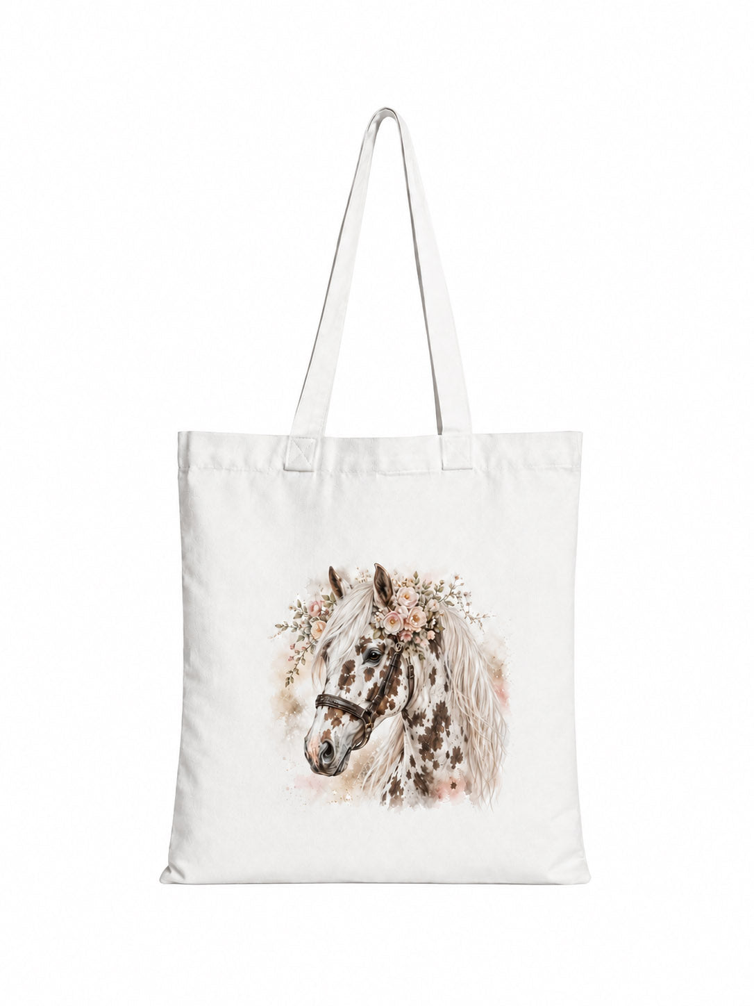 Cotton Tote Bag with White and Brown Leopard-Spotted Horse Print – White Mane – 38 × 42 cm