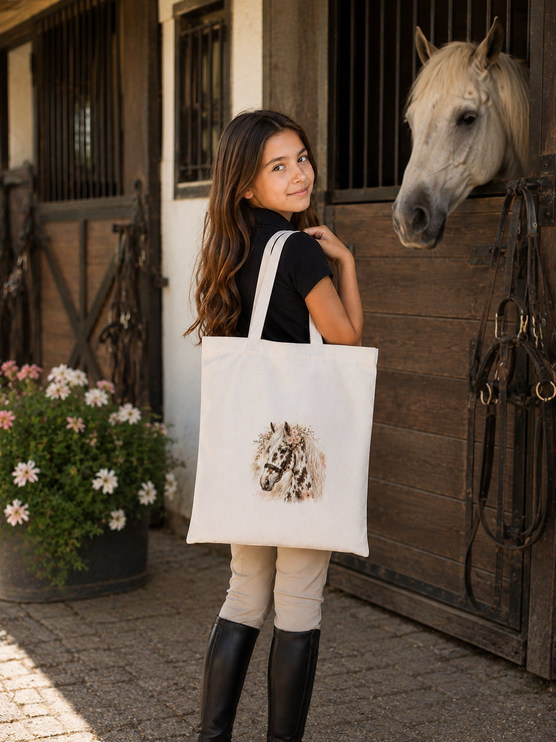 Cotton Tote Bag with White and Brown Leopard-Spotted Horse Print – White Mane – 38 × 42 cm