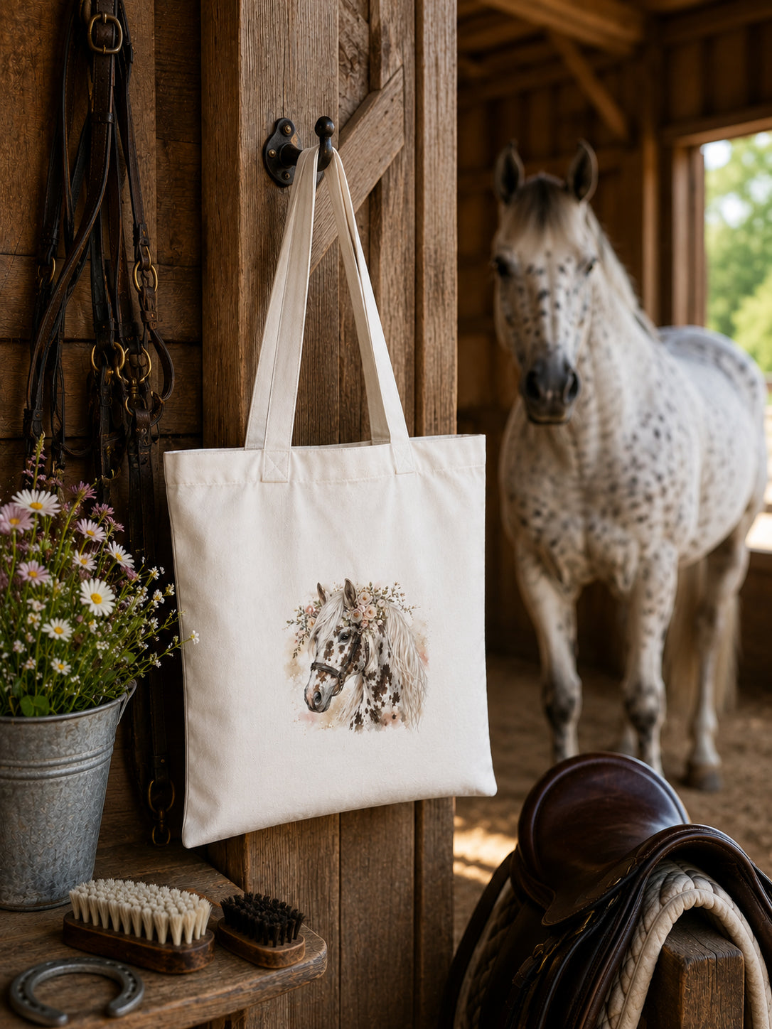 Cotton Tote Bag with White and Brown Leopard-Spotted Horse Print – White Mane – 38 × 42 cm