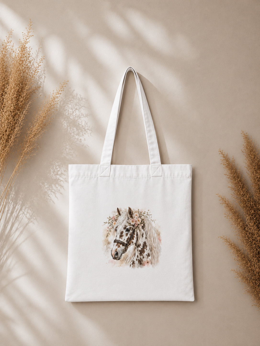 Cotton Tote Bag with White and Brown Leopard-Spotted Horse Print – White Mane – 38 × 42 cm