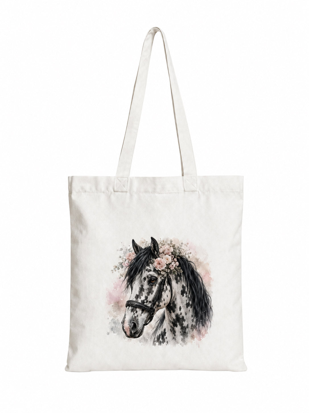 Cotton Tote Bag with White and Black Leopard-Spotted Horse Print – Black Mane – 38 × 42 cm