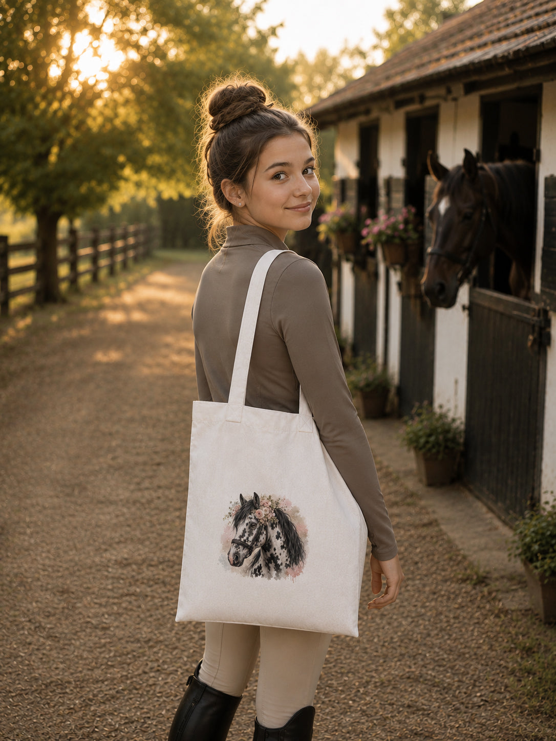 Cotton Tote Bag with White and Black Leopard-Spotted Horse Print – Black Mane – 38 × 42 cm