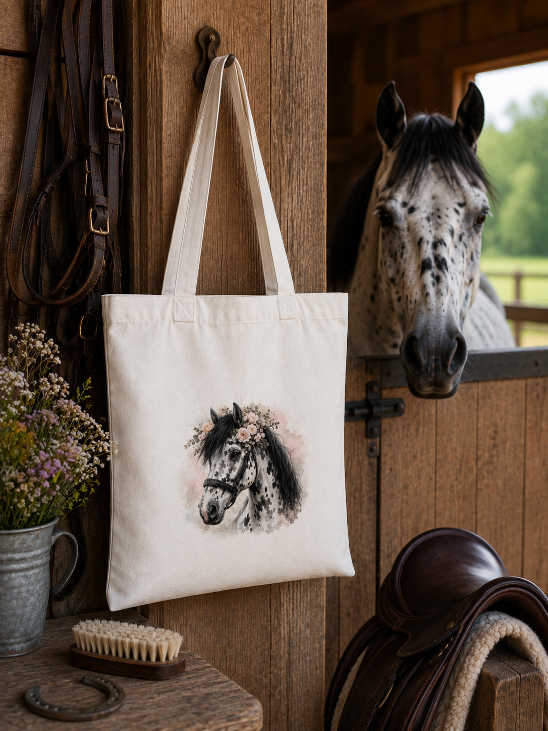 Cotton Tote Bag with White and Black Leopard-Spotted Horse Print – Black Mane – 38 × 42 cm