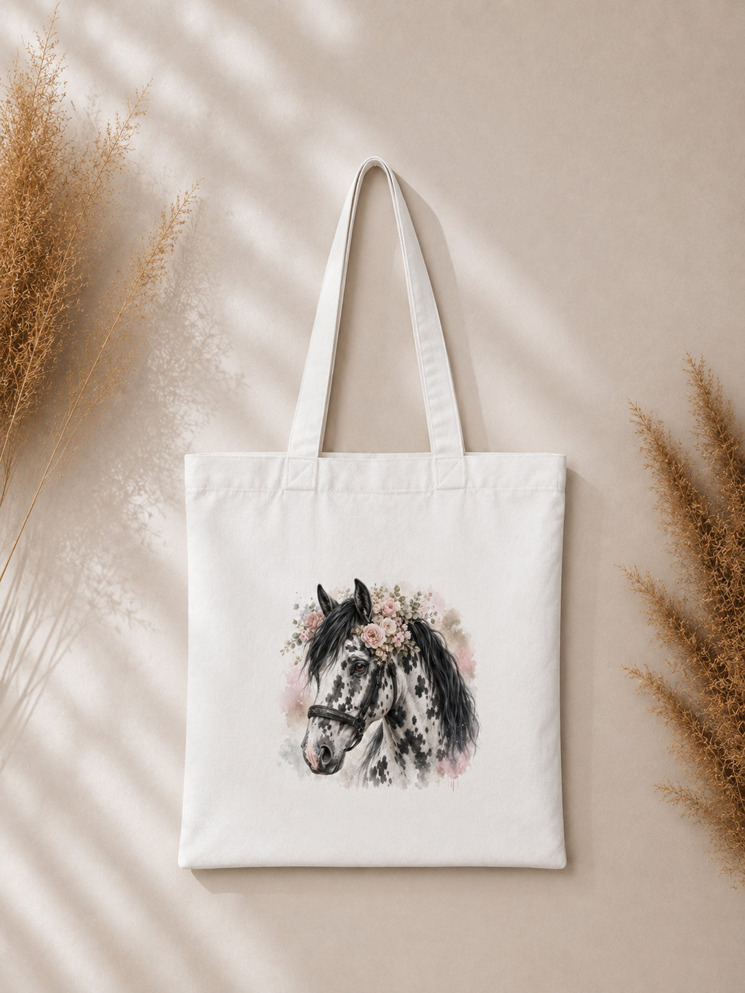 Cotton Tote Bag with White and Black Leopard-Spotted Horse Print – Black Mane – 38 × 42 cm