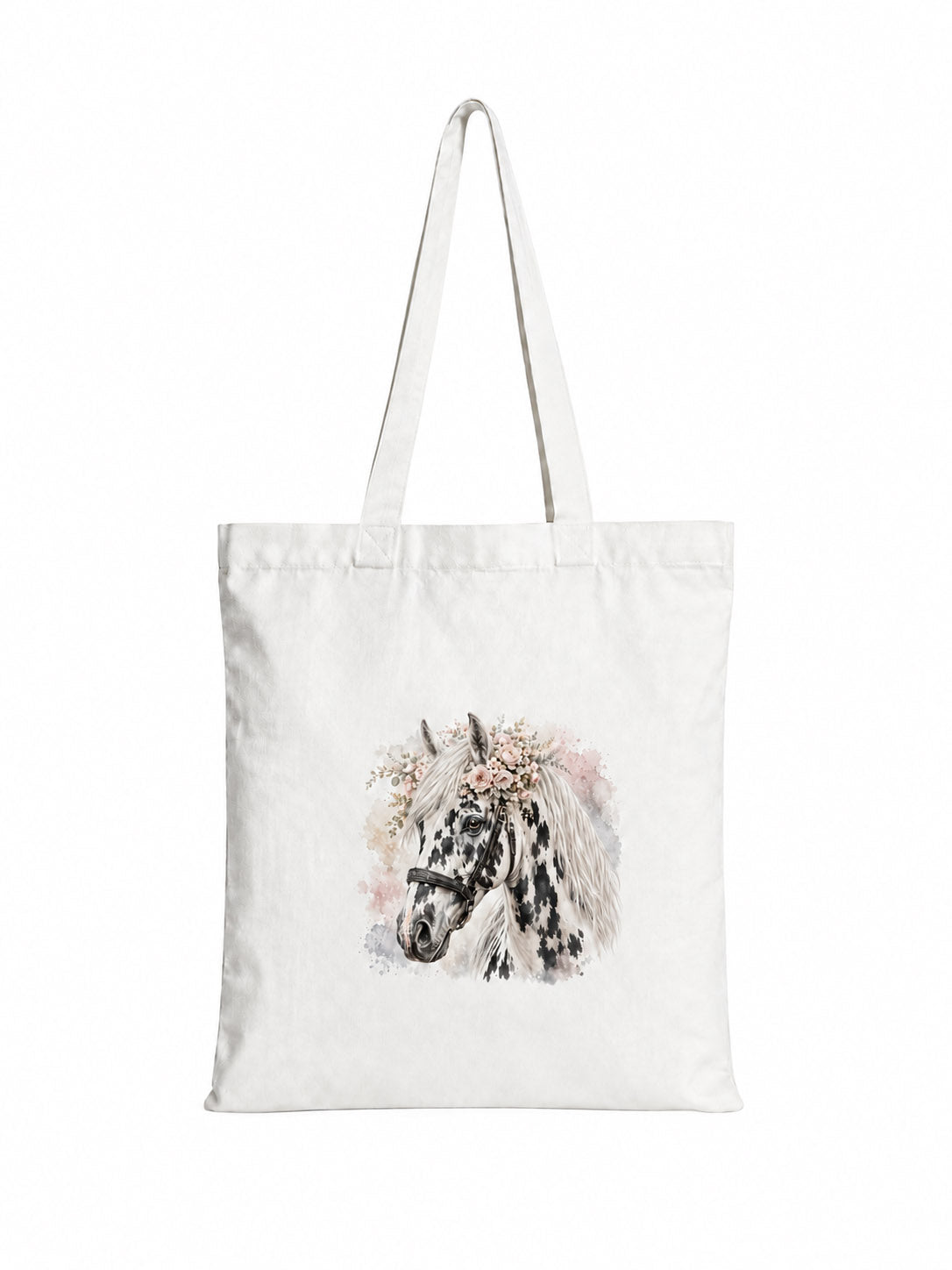 Cotton Tote Bag with White and Black Leopard-Spotted Horse Print – White Mane – 38 × 42 cm
