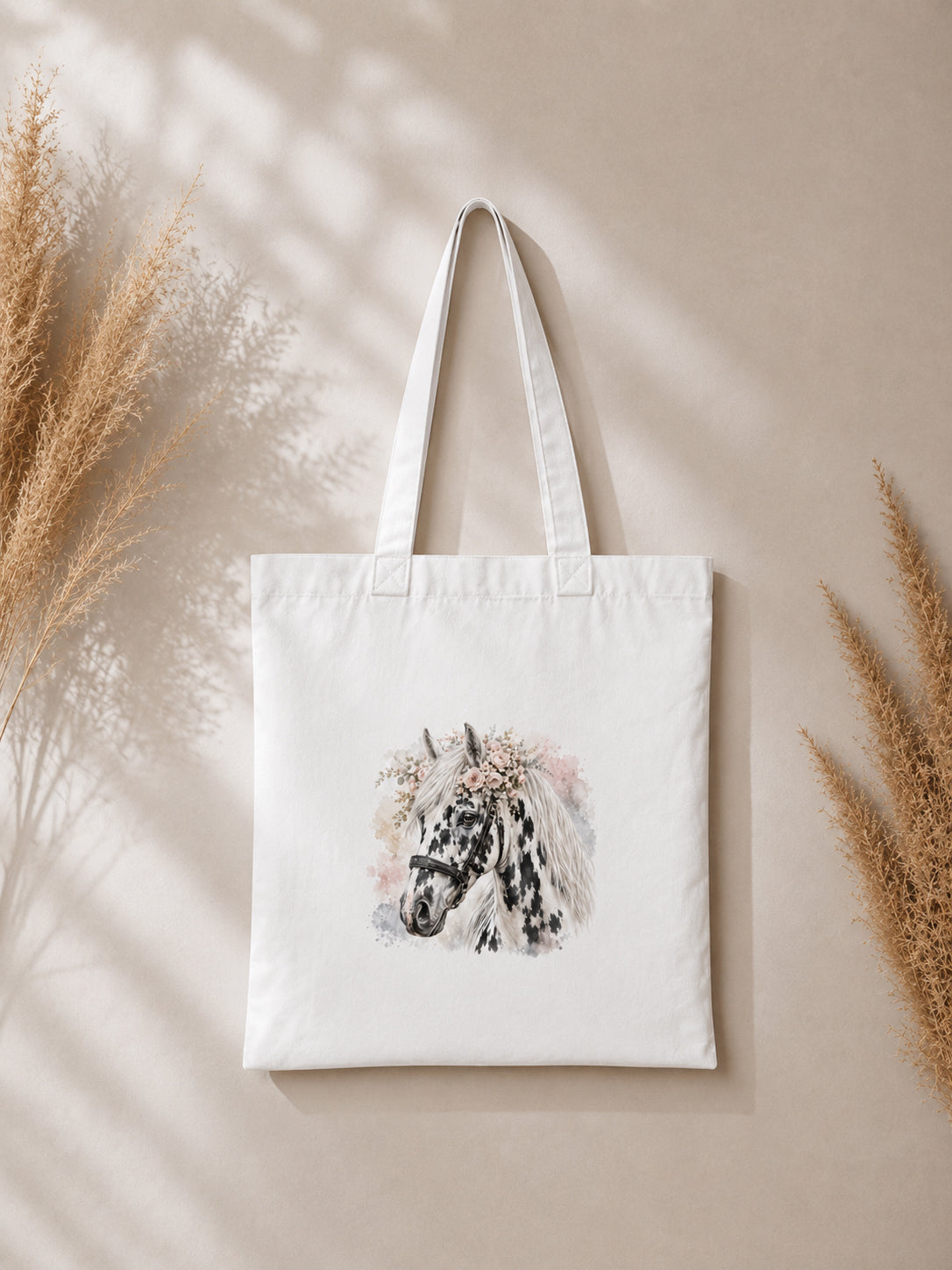 Cotton Tote Bag with White and Black Leopard-Spotted Horse Print – White Mane – 38 × 42 cm