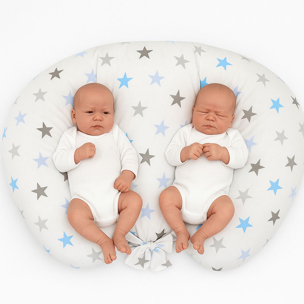 Twin nursing pillow, Breastfeeding Croissant Pillow, removable, Hands-Free Feeding- Grey-blue stars