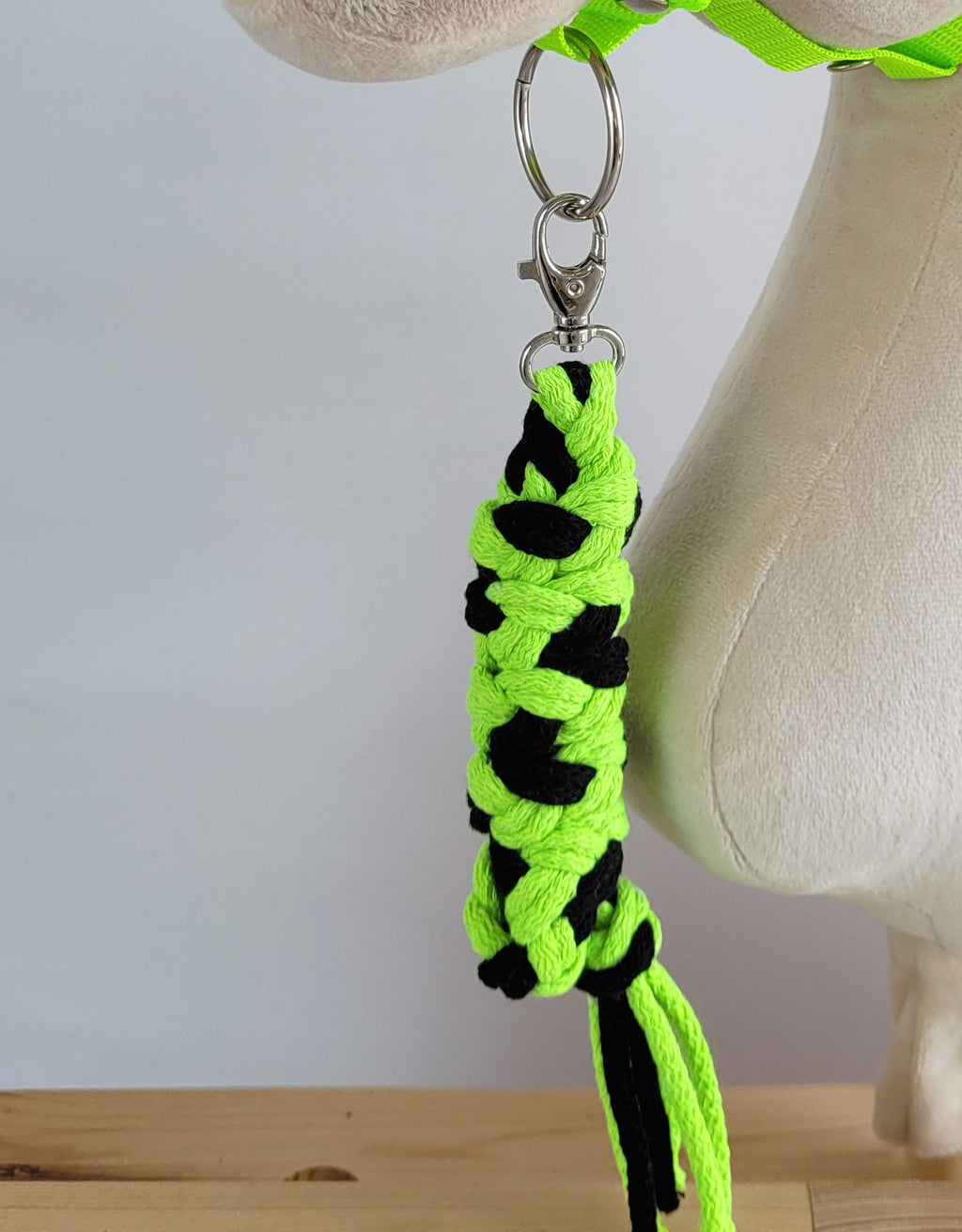 Set for Hobby Horse: the halter A3 with black furry + Tether made of cord - neon-green/ black