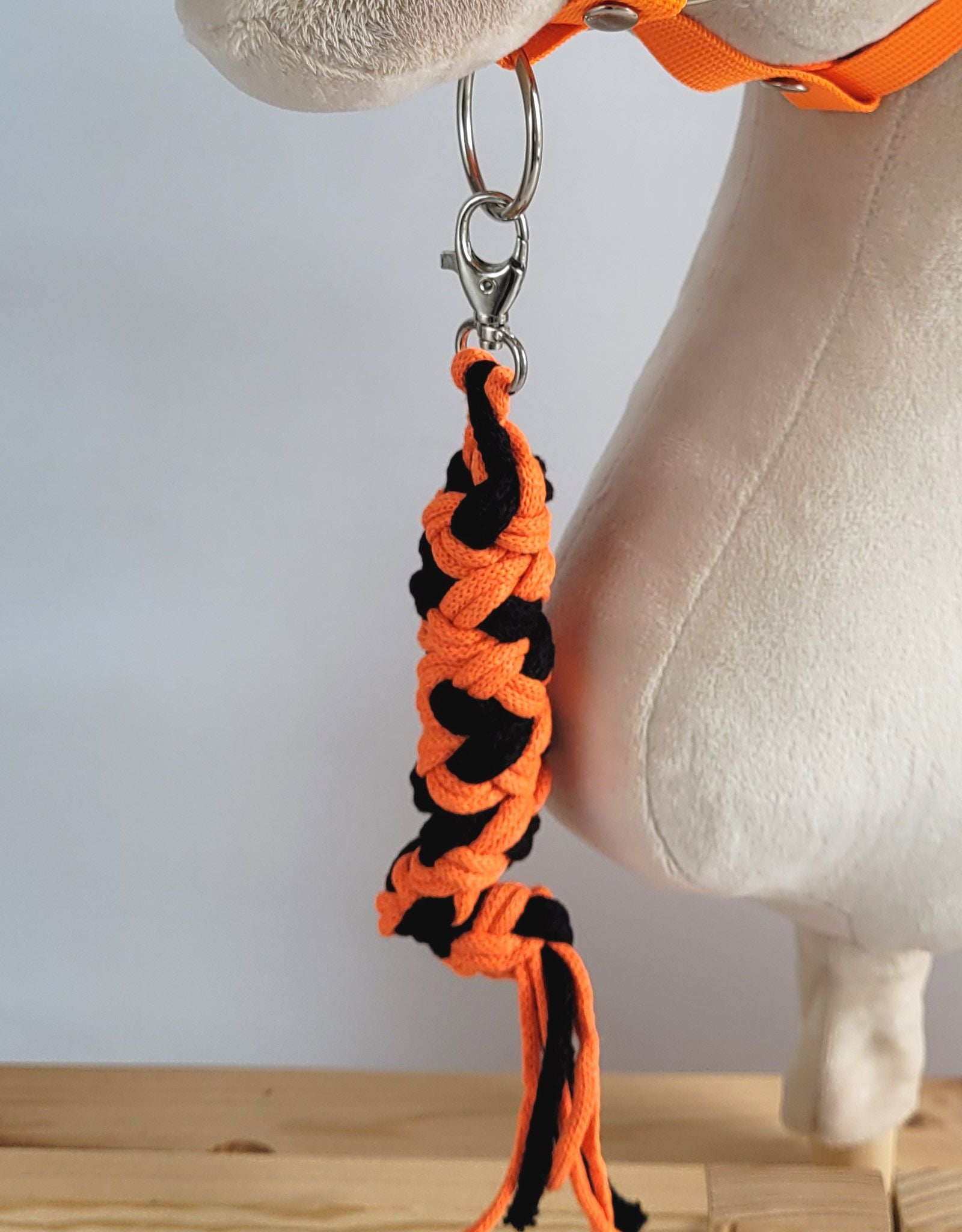 Set for Hobby Horse: the halter A3 with black furry + Tether made of cord - neon-orange/ black