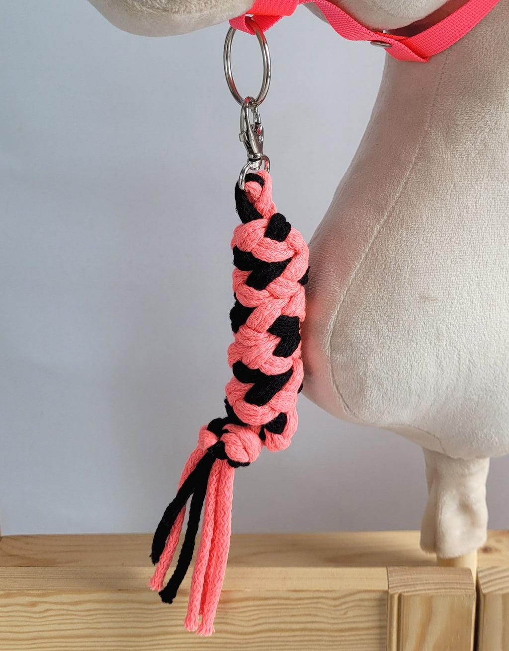 Set for Hobby Horse: the halter A3 with black furry + Tether made of cord - neon-pink/ black