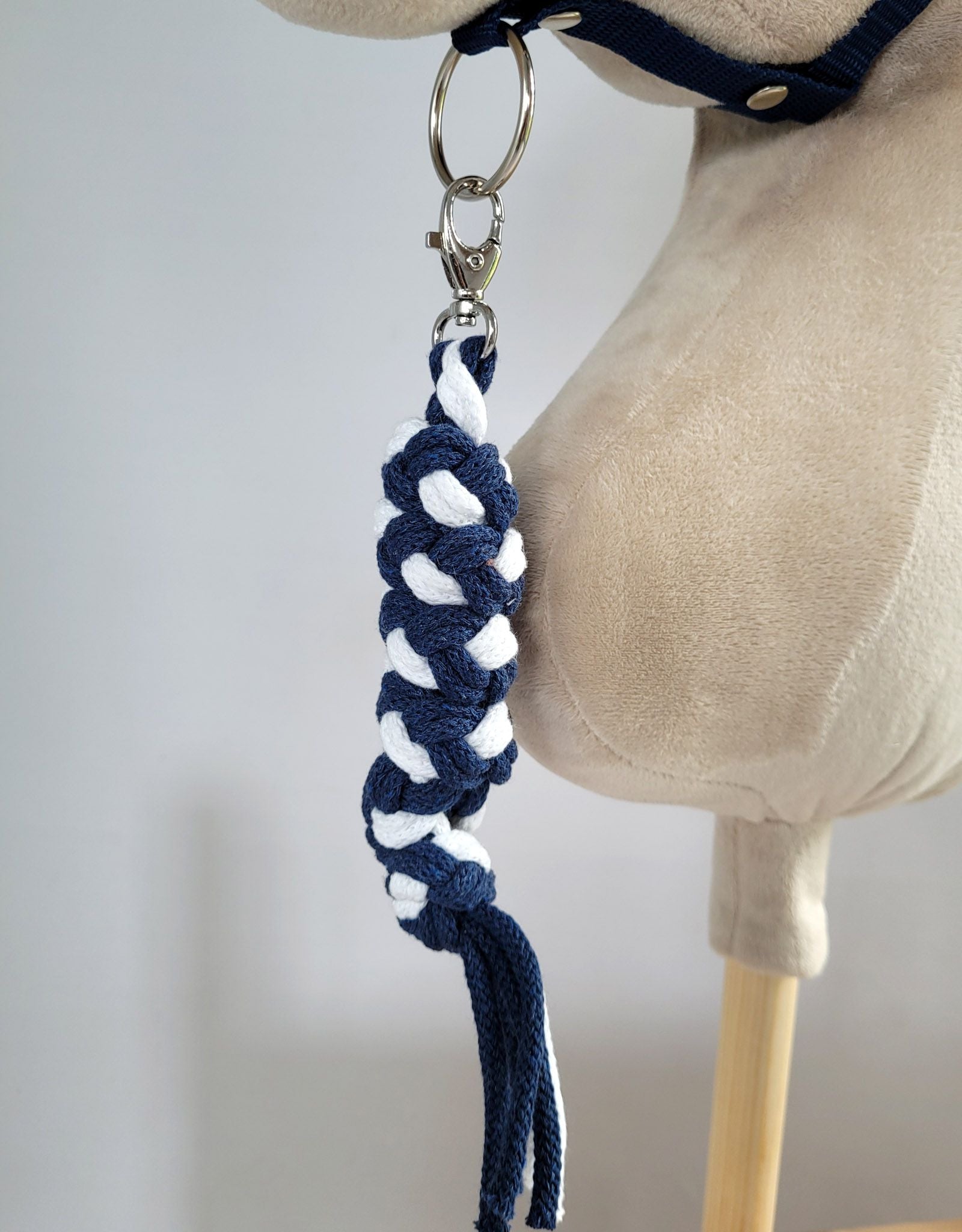 Set for Hobby Horse: the halter A3 with white furry + Tether made of cord - white-navy blue