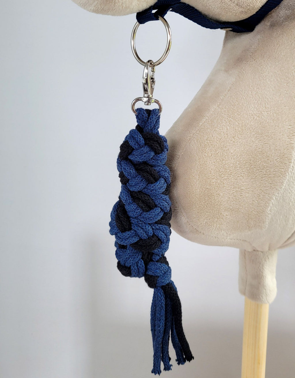 Set for Hobby Horse: the halter A3 with black furry + Tether made of cord - black-navy blue