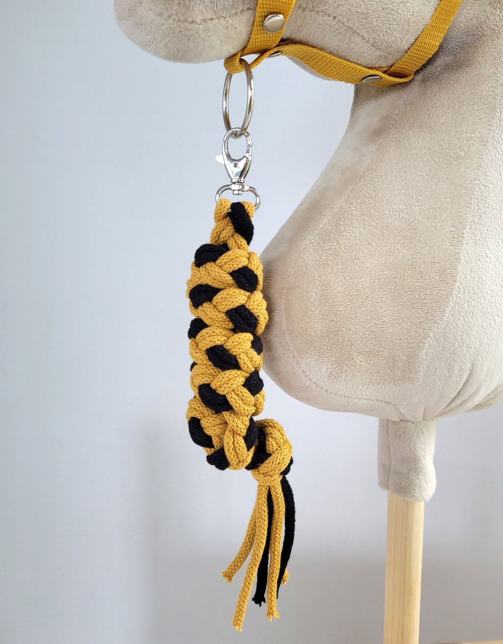 Set for Hobby Horse: the halter A3 with black furry + Tether made of cord - black-honey yellow