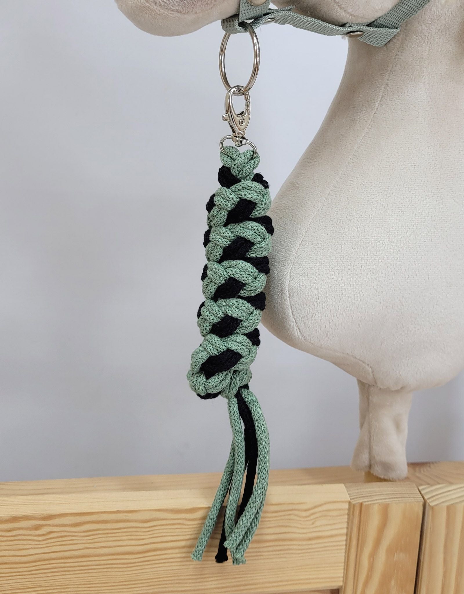 Set for Hobby Horse: the halter A3 with black furry + Tether made of cord - black-sage