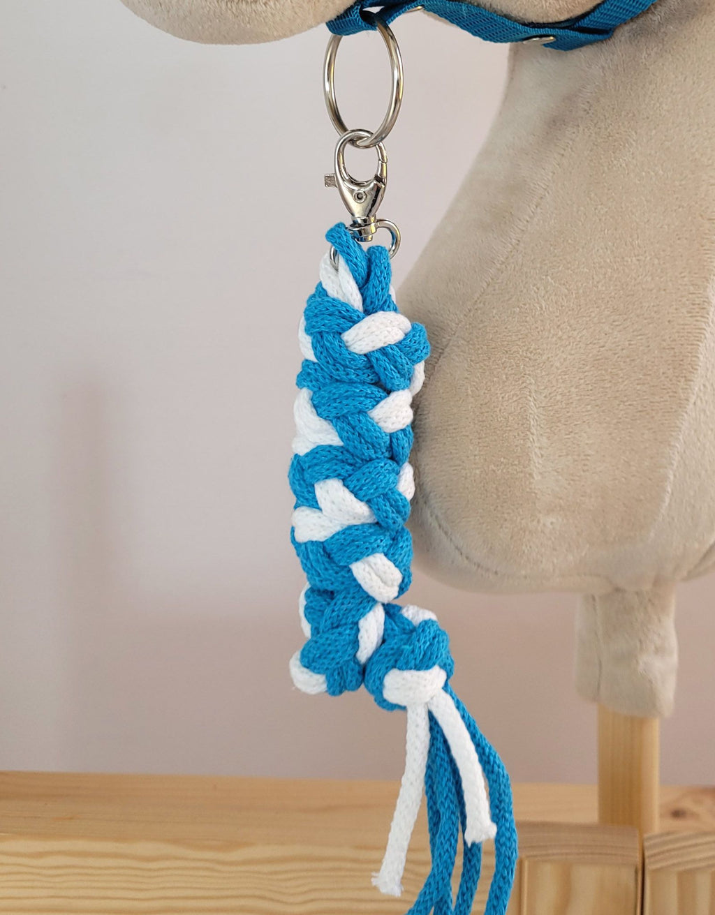 Set for Hobby Horse: the halter A3 with white furry + Tether made of cord - white-turquoise