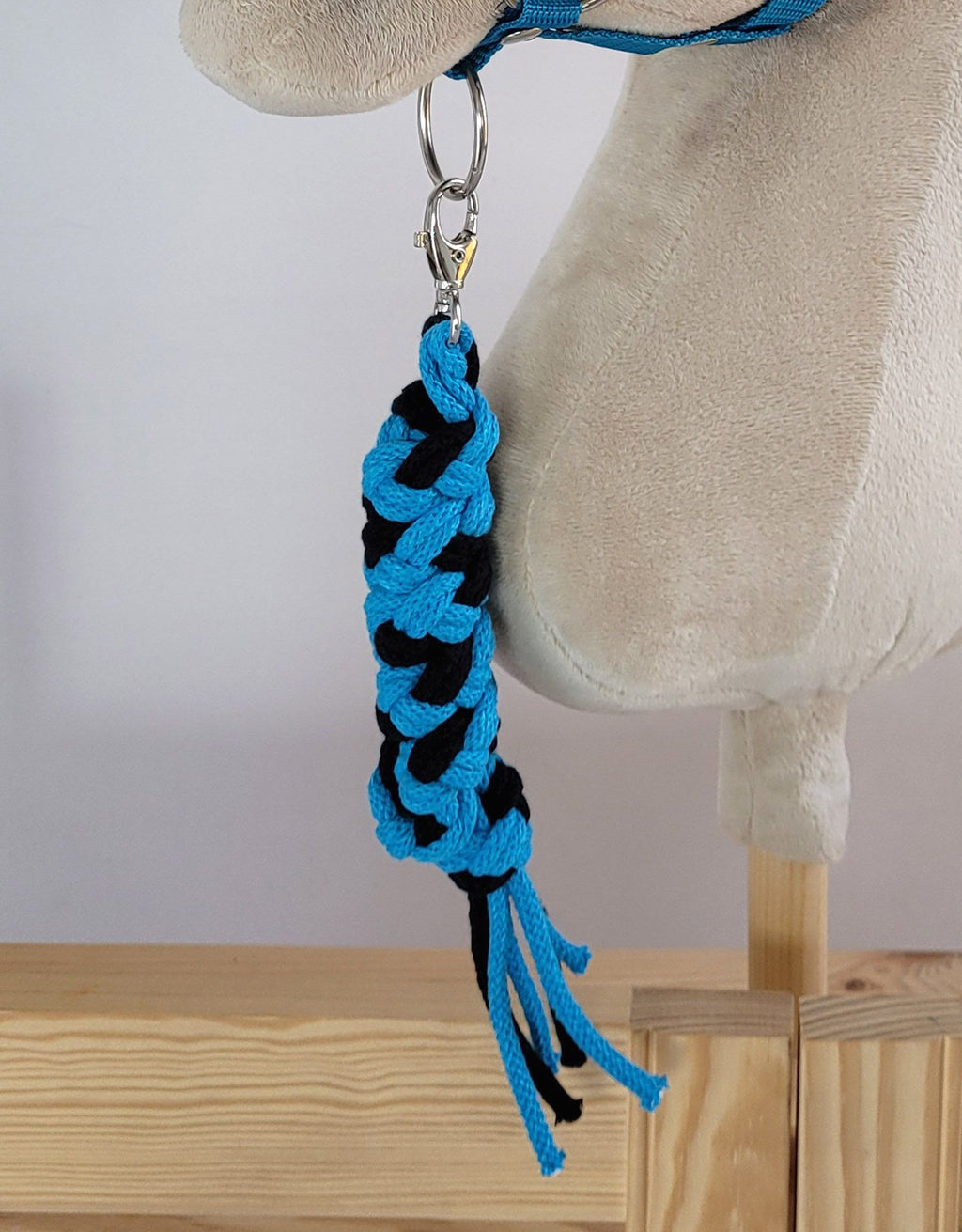 Set for Hobby Horse: the halter A3 with black furry + Tether made of cord - black-turquoise