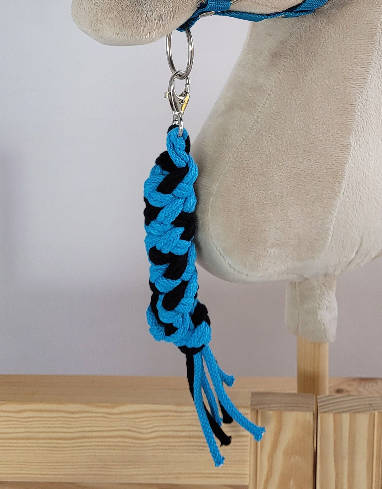Set for Hobby Horse: the halter A3 with black furry + Tether made of cord - black-turquoise