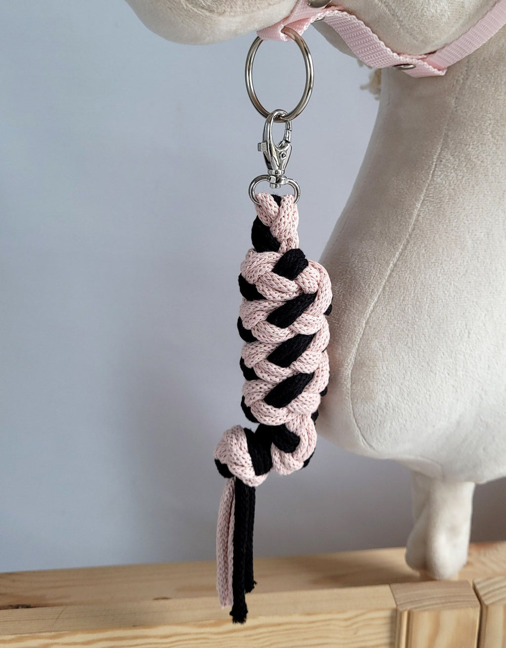 Set for Hobby Horse: the halter A3 with black furry + Tether made of cord - black-powder pink