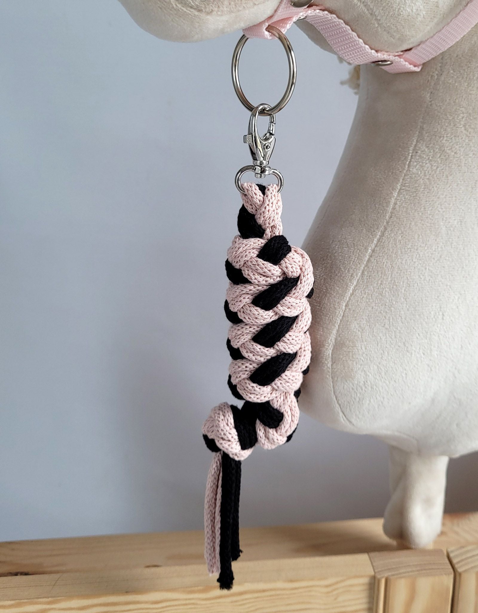 Set for Hobby Horse: the halter A3 with black furry + Tether made of cord - black-powder pink