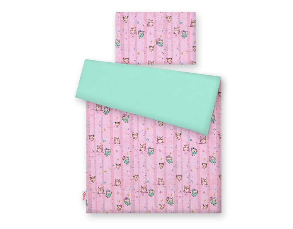Bedding set 2-pcs 135x100 cm- owls pink-mint