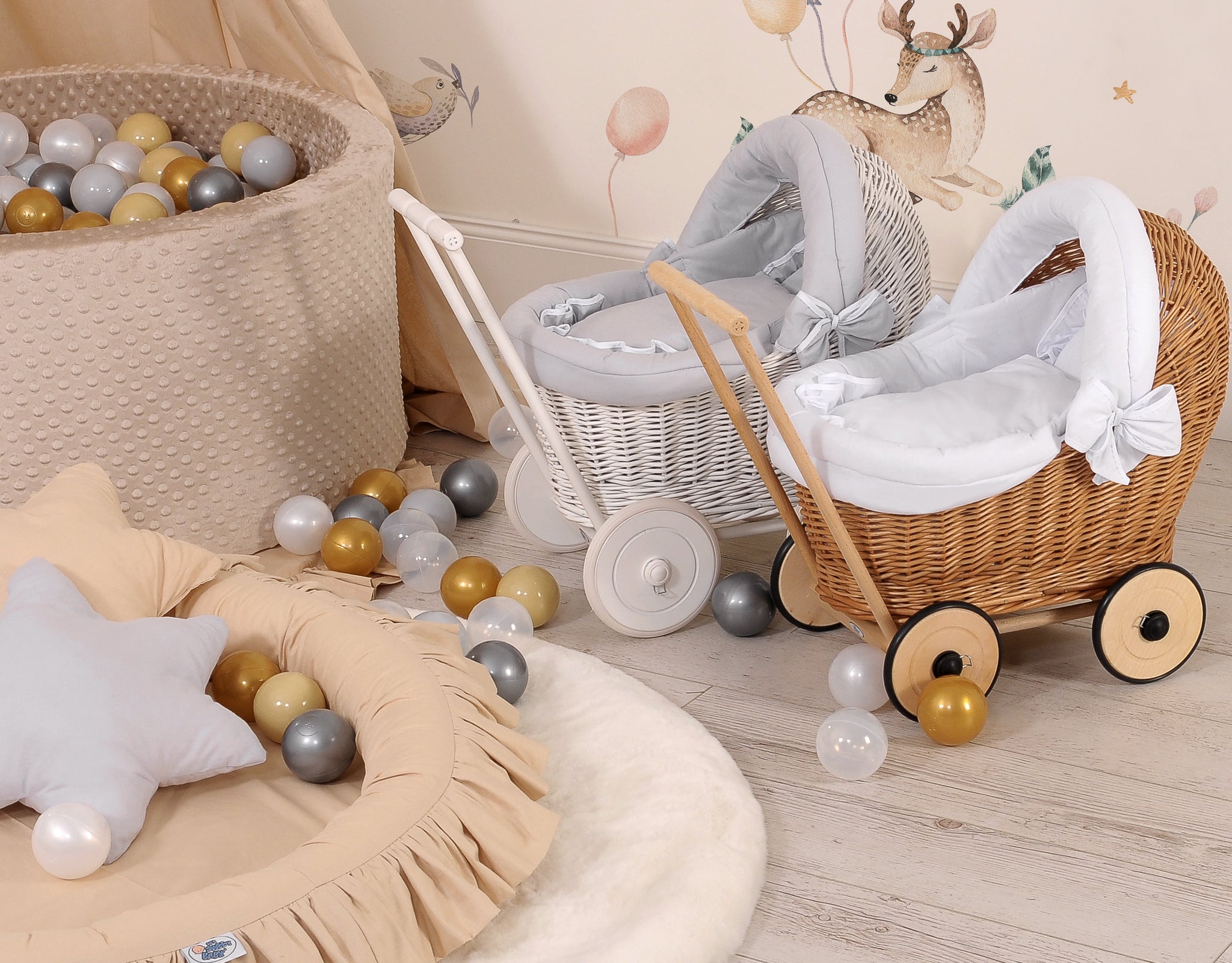 Wicker doll pushchair white with grey bedding and soft padding STELLA