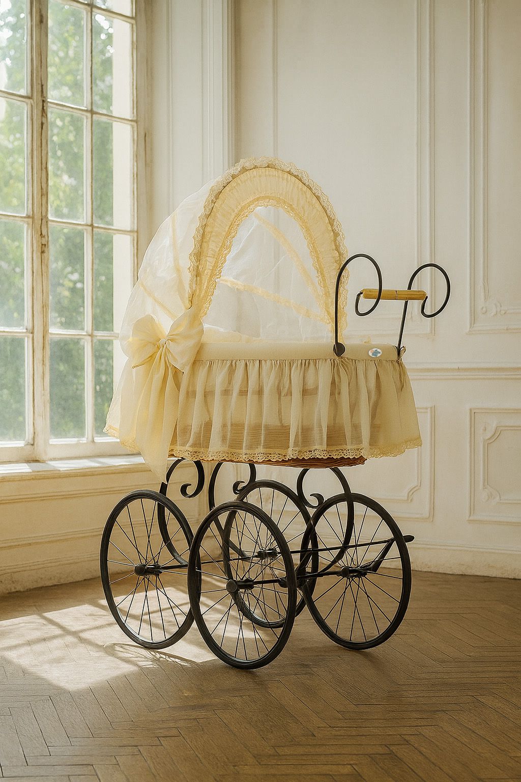 Moses Basket Wicker hood crib Retro wicker crib Elisa - natural + cream bedding