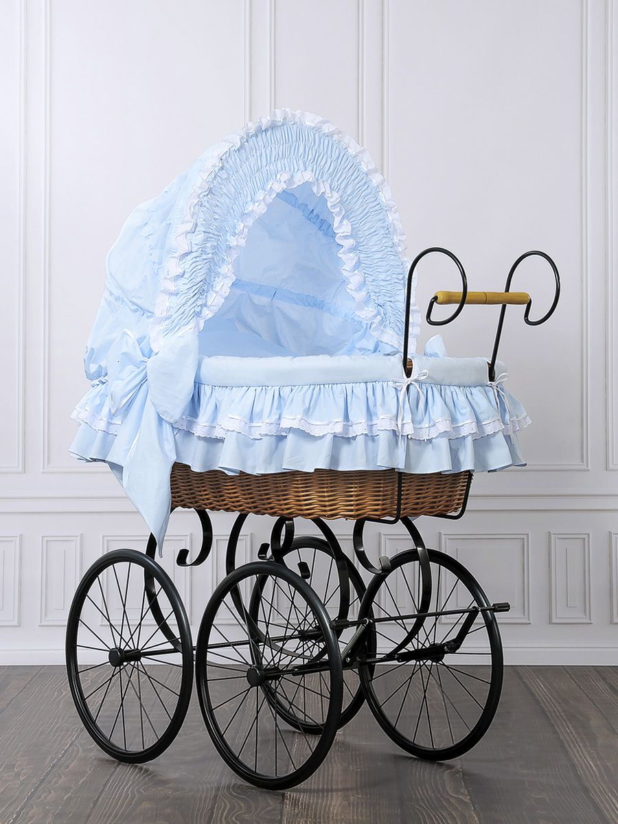 Moses Basket Wicker hood crib Retro wicker crib Victoria - natural + blue bedding