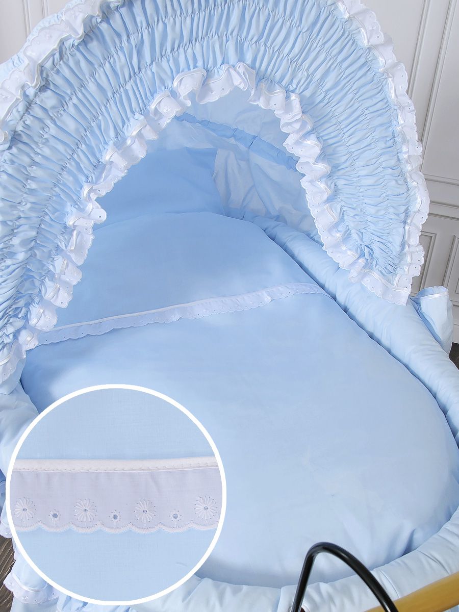 Moses Basket Wicker hood crib Retro wicker crib Victoria - natural + blue bedding