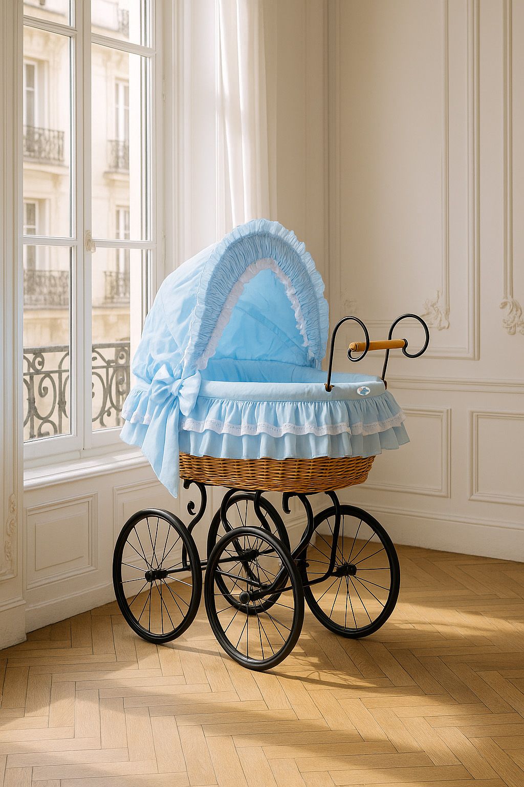 Moses Basket Wicker hood crib Retro wicker crib Victoria - natural + blue bedding