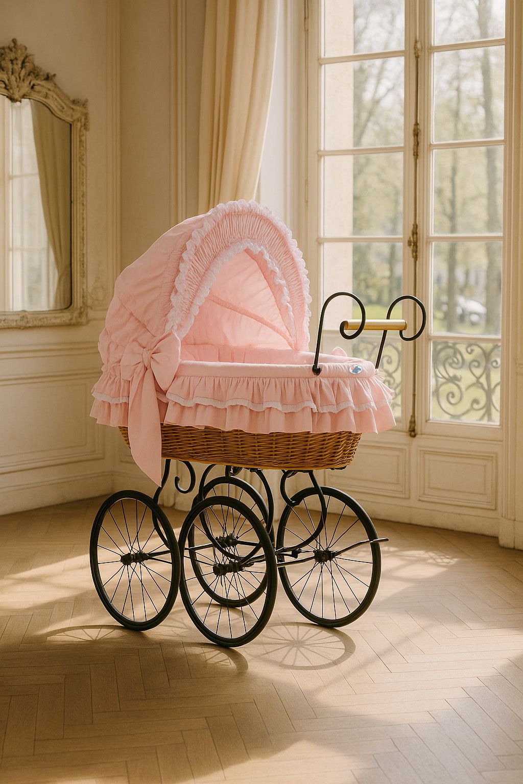 Moses Basket Wicker hood crib Retro wicker crib Victoria - natural + pink bedding