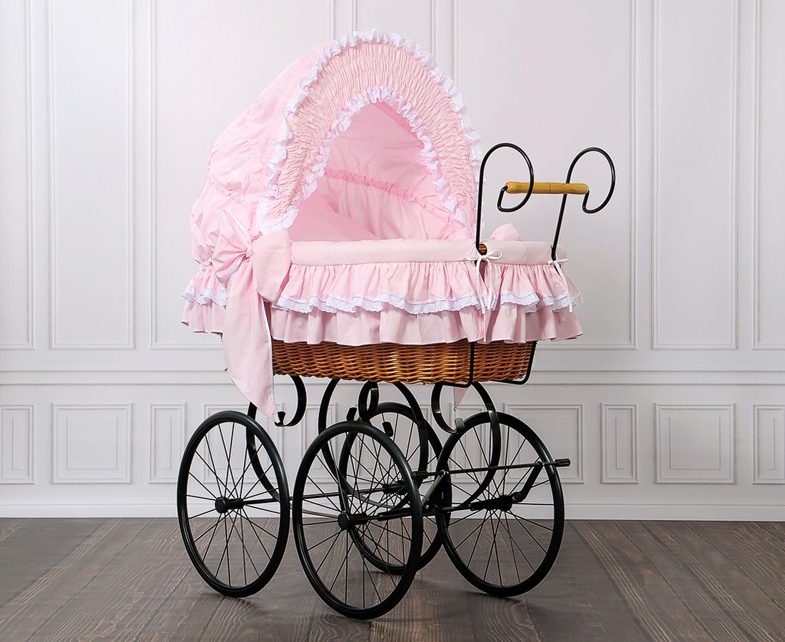 Moses Basket Wicker hood crib Retro wicker crib Victoria - natural + pink bedding