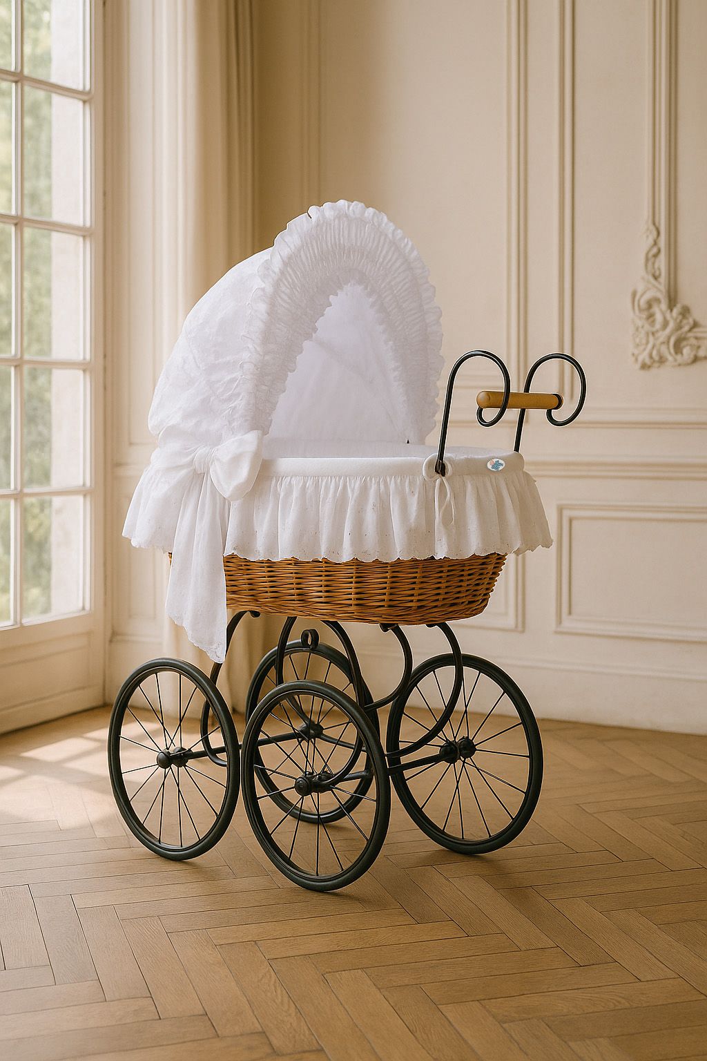 Moses Basket Wicker hood crib Retro wicker crib Charlotte - natural + white bedding