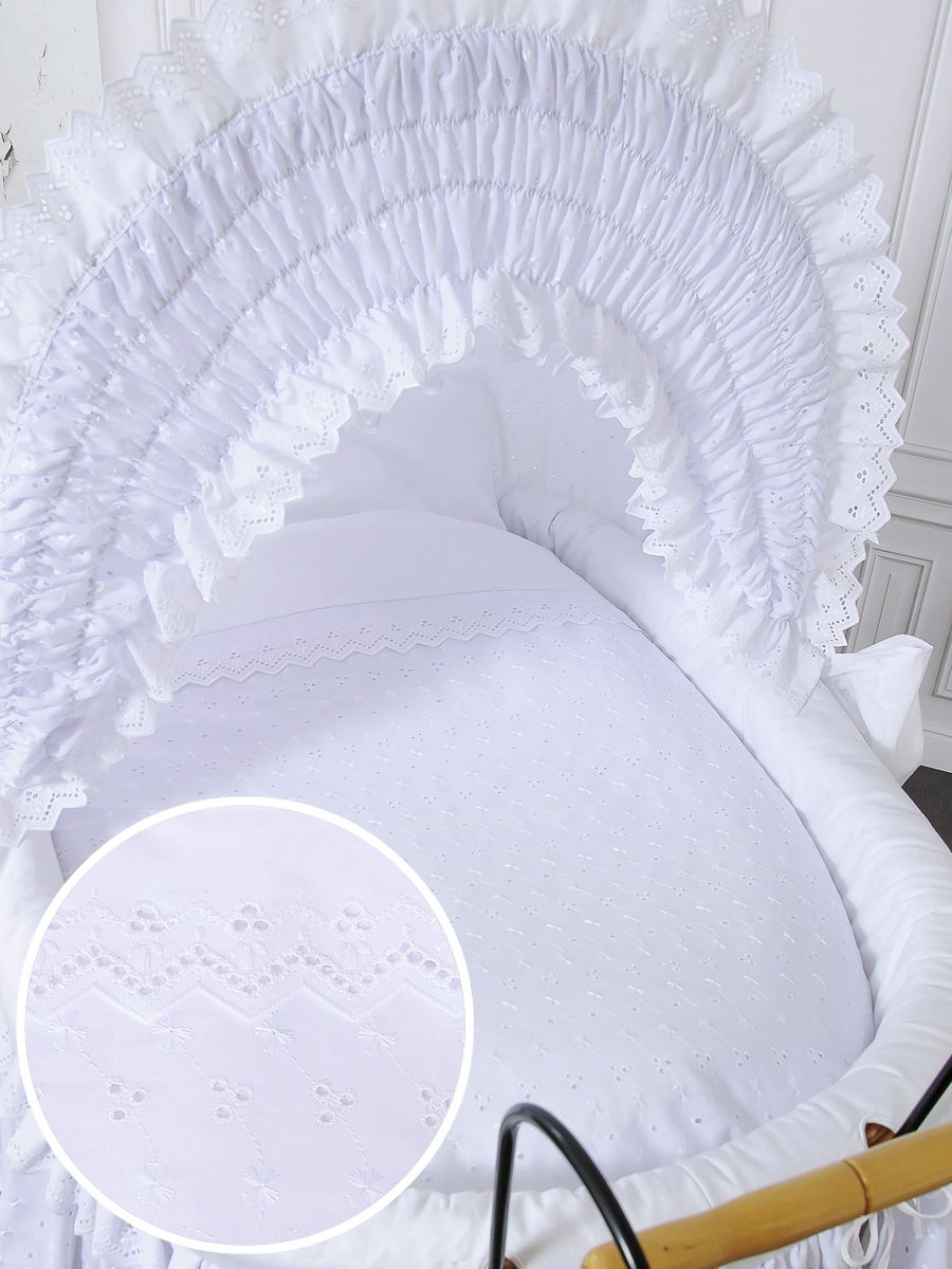 Moses Basket Wicker hood crib Retro wicker crib Charlotte - natural + white bedding